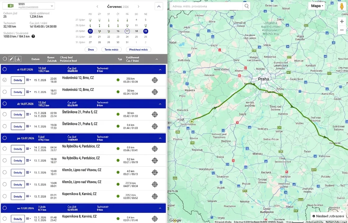 Seznam sledovaných kontejnerů v aplikaci s mapou
