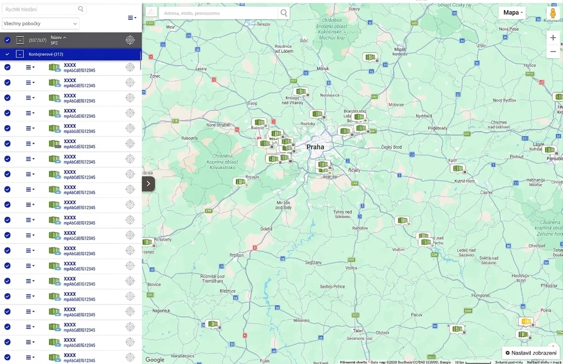 Přehled jízd a trasy zařízení v aplikaci
